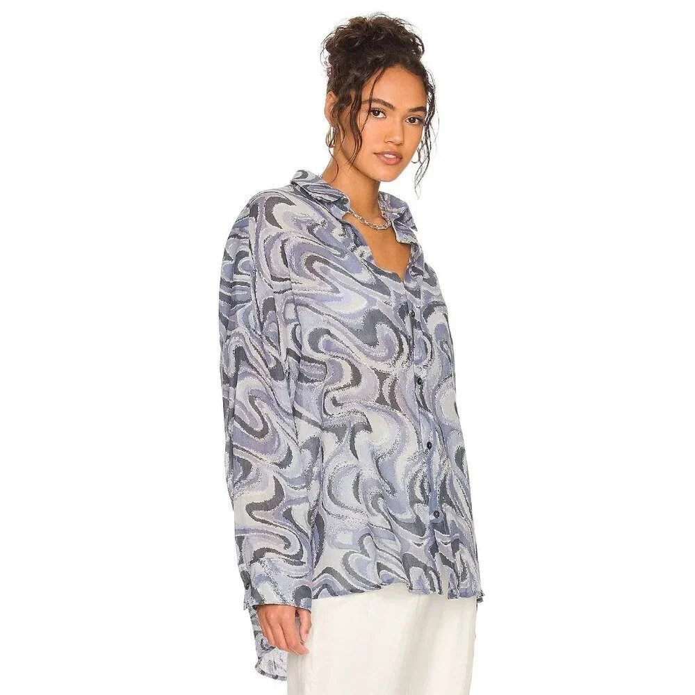 Indah Como Oversize Button Up Shirt in Imagine Blue Small New Womens Blouse